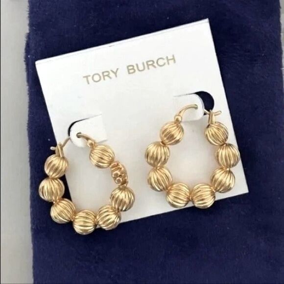NWOT Tory Burch Gold Roxanne Fluted Bead Hoop Earrings - Picture 5 of 7